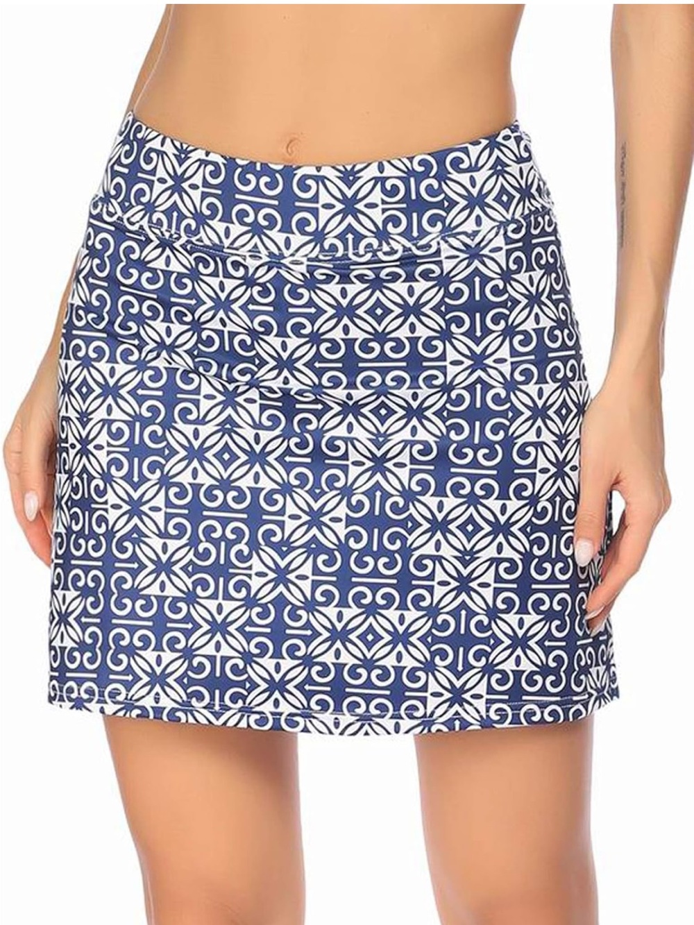 Blue Patterned A-Line Skirt - Nautical Tile Print